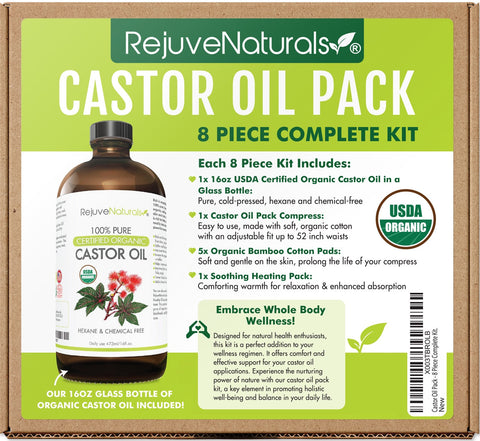 Castor Oil Pack for Liver & Detoxification + Overall Well-being - 8 Piece Complete Kit. Includes 16oz Glass Bottle of Organic Castor Oil, Easy to use Castor Oil Compress with Adjustable Fit, 5 Soft Cotton Pads & Soothing Heat Pack.