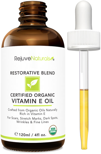USDA Certified Organic Vitamin E Oil - (LARGE 4oz Bottle) Repair Dry, Damaged Skin from Surgery & Acne, Age Spots & Wrinkles. For Radiant, Hydrated & Youthful Skin.