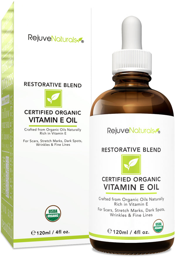 USDA Certified Organic Vitamin E Oil - (LARGE 4oz Bottle) Repair Dry, Damaged Skin from Surgery & Acne, Age Spots & Wrinkles. For Radiant, Hydrated & Youthful Skin.